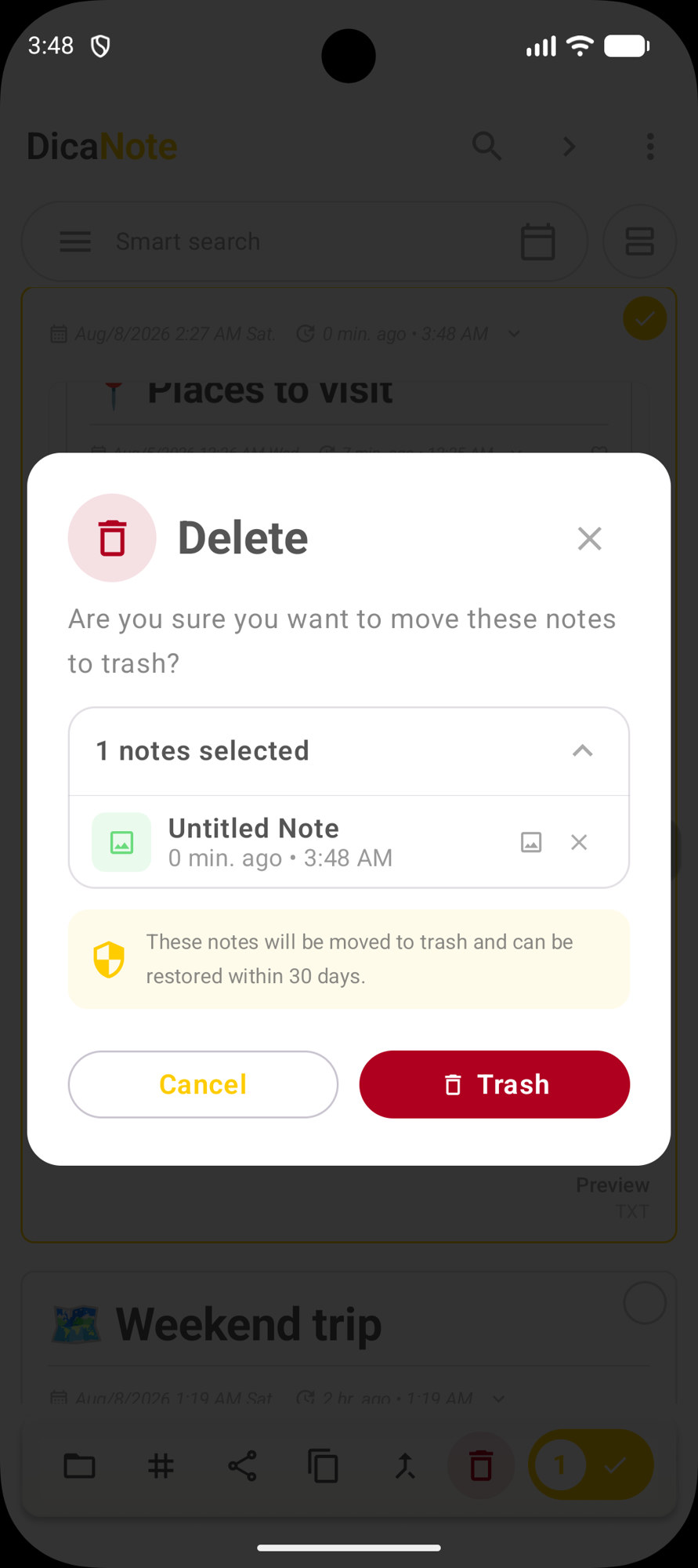 DicaNote Delete dialog: move notes to trash, restore within 30 days